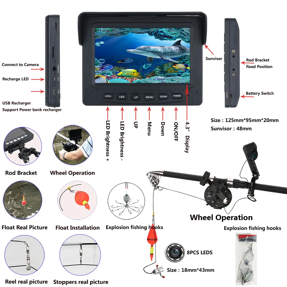 4,3 дюймовый цветной монитор, комплект для подводной рыбалки, видео камера, 8 шт., ИК-светодиодный фонарь со взрывными рыболовными крючками