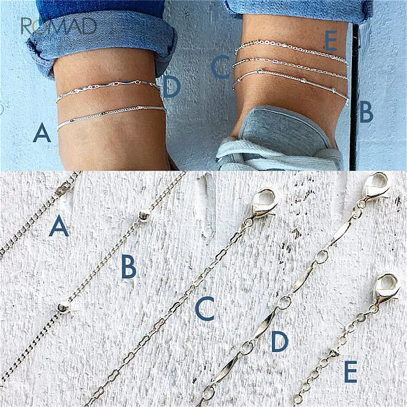 

Romad Simple 5Pcs/Set Anklet Set For Women Silver Color Multi-layered Bead Chain Anklet For Women Summer Beach Jewelry