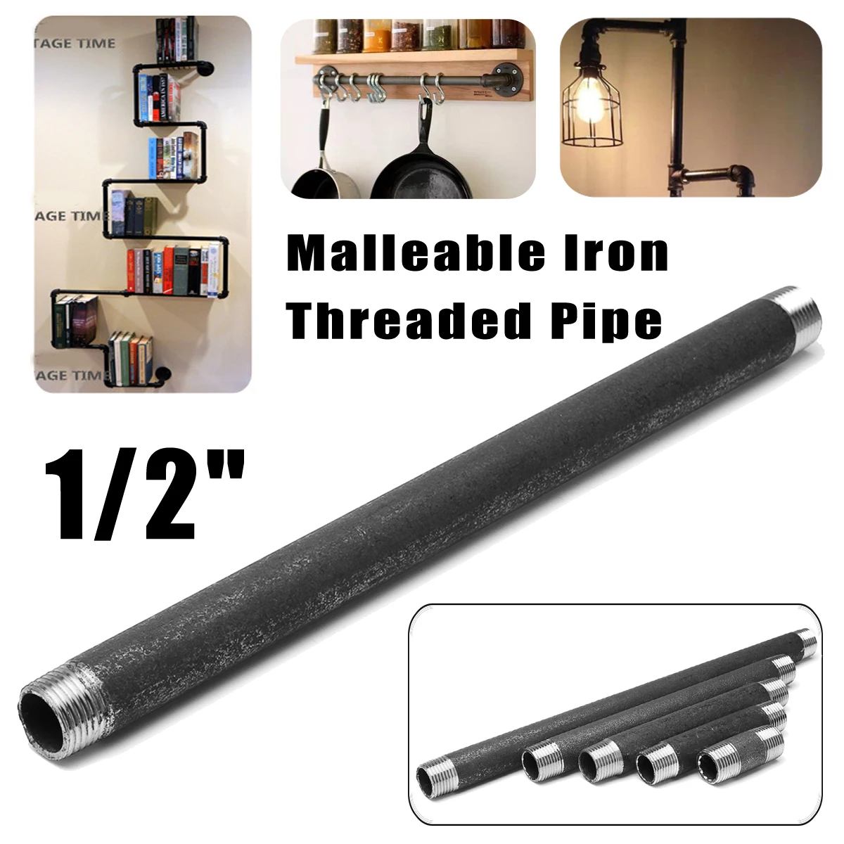 

1/2" DN15 Malleable Iron Threaded Pipe For DIY Flange Fittings Furniture Bracket 5/10/15/20/25/30cm