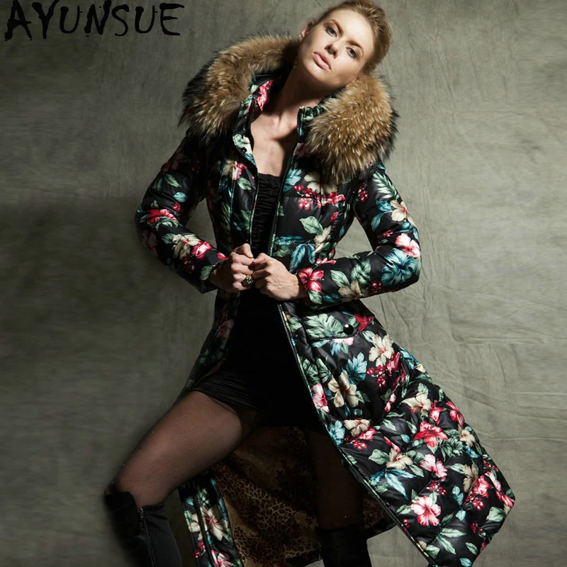 

Women's Down Jacket Long Winter Coat Women Big Raccoon Fur Collar Floral Korean Thick Down Jackets 2019 Woman Coats RY176 KJ2757