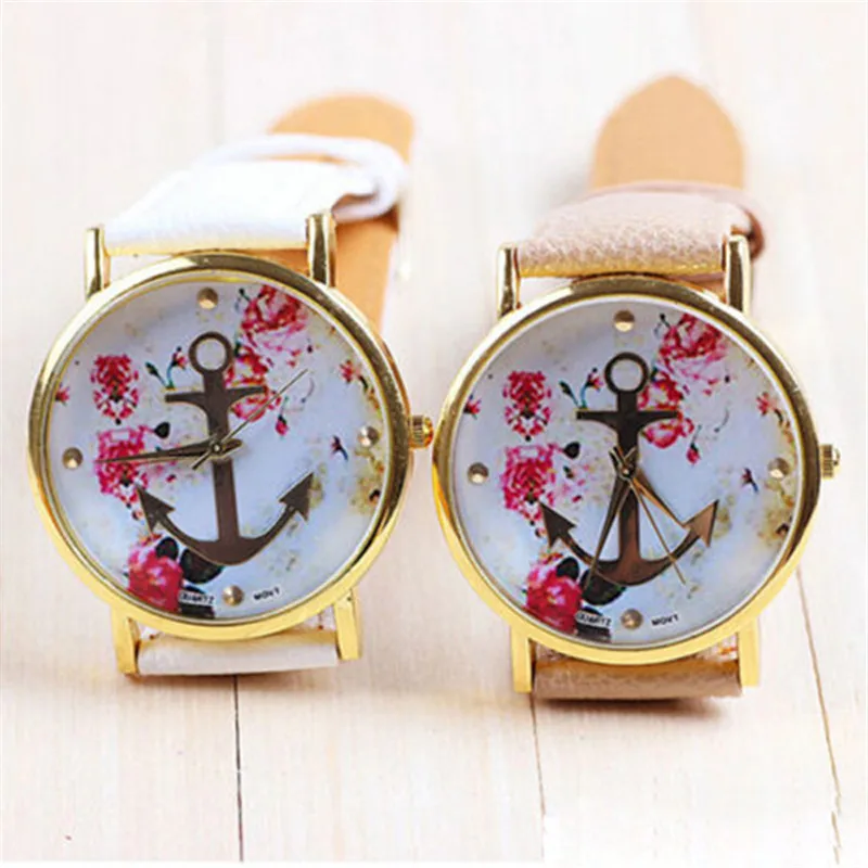 Fashion Women s Faux Leather Floral Printed Anchor Quartz Dress Wrist Watch 1NTS reloje mujer 2016
