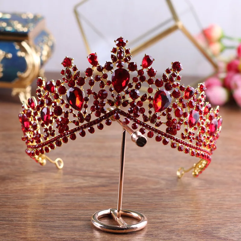 Goede Luxe Rode Strass Bruids Tiara Kroon Vintage Barokke Zilver Crystal Diadeem voor Bruiden Hoofdbanden Bruiloft Haar Accessoires