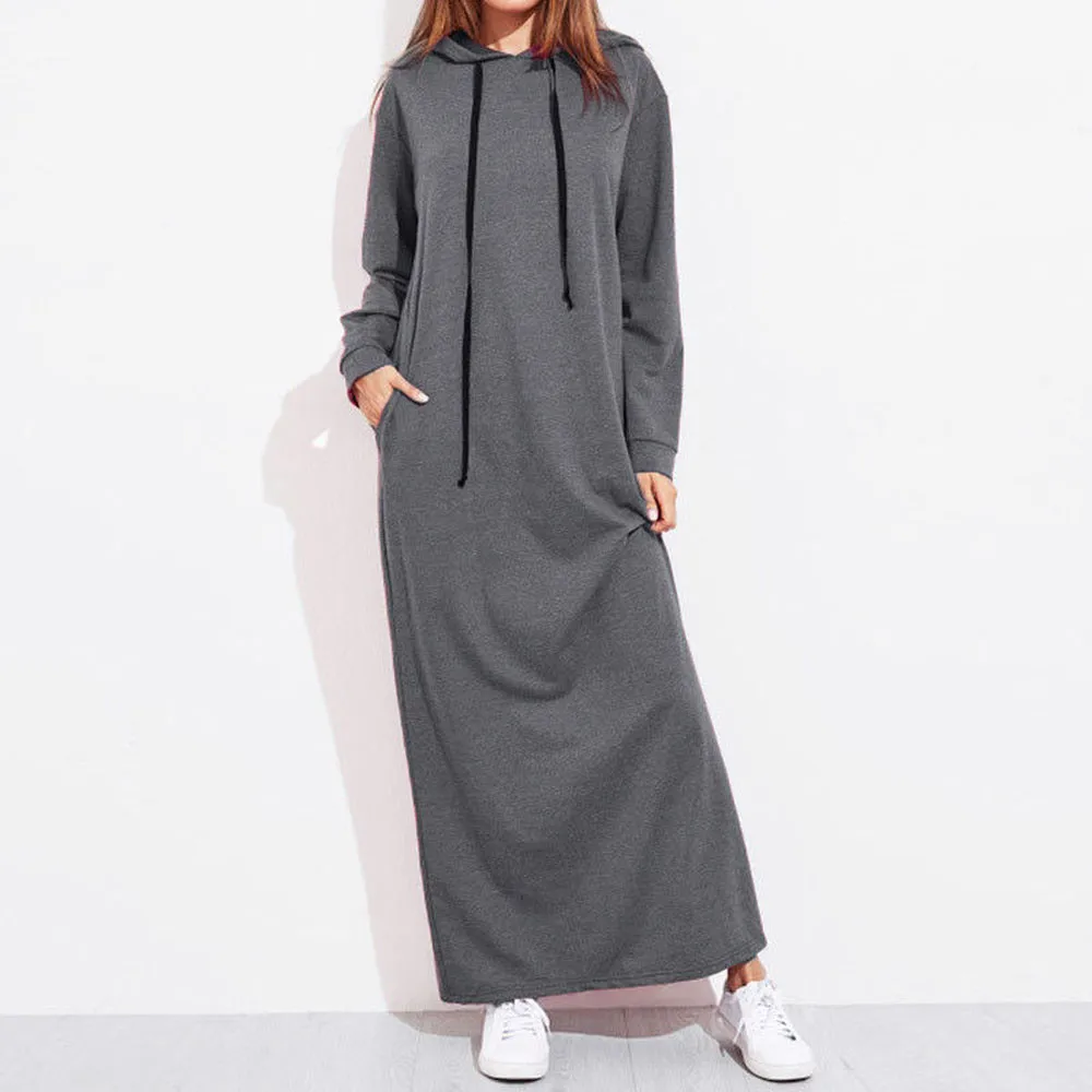 

Women Maxi Dress Long Sleeve Hooded Ladies Casual Hoodies Long Dresses Elegant Feminina Vestidos Solid Color Dress Summer 2020