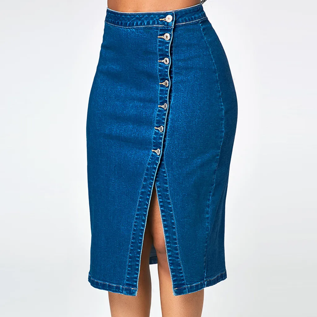 

Women Fashion Denim Pencil Skirt High Waisted Blow Knee Blue Jeans Button Skirts
