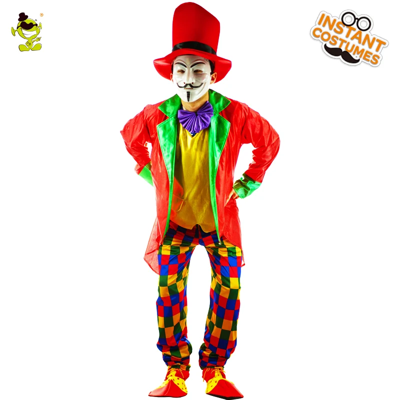 Забавный цирковой клоун костюмы костюм для хеллоуина Делюкс Плюс взрослый магическое шоу клоун костюм V значит вендетта маска вечерние Джокер платье