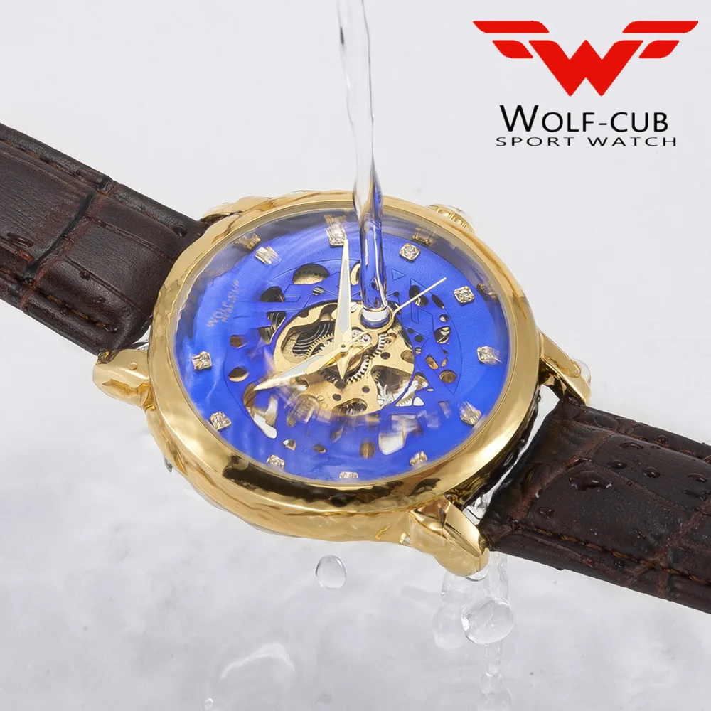 WOLF CUB модные кожаные мужские механические светящиеся спортивные часы из