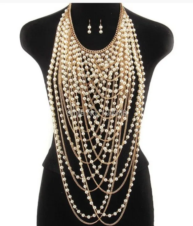 

FREE SHIPPING NEW STYLE P24 WOMEN FASHION WHITE IMITATION PEARLS BODY CHAINS JEWELRY GOLD COLOUR CHAINS BEADS JEWELRY 2 COLORS