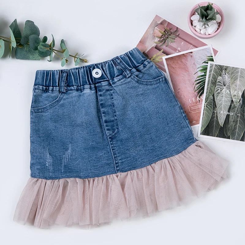 

New Girls Summer Denim Ruffled Skirts Girls Jeans Mesh Patchwork Skirt Baby Girls Party Skirt Children Fashion Girls Clothing