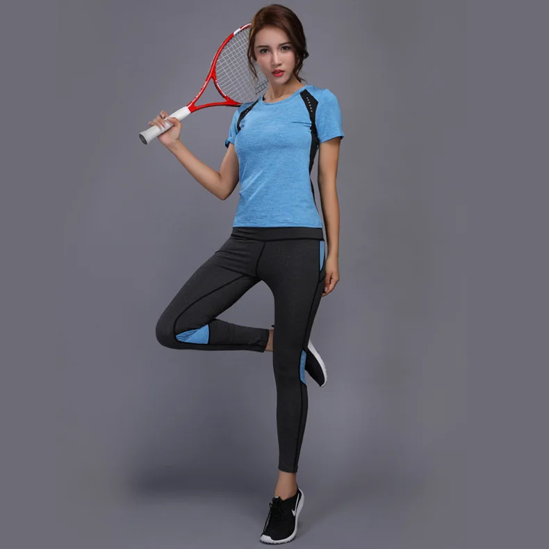 GXQIL, женский спортивный костюм, спортивная одежда, женский спортивный костюм, для спортзала, йоги, фитнеса, набор, Спортивная футболка, леггинсы, топ, для бега, для пробежек, женская одежда - Цвет: Синий