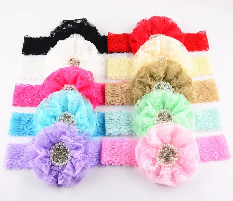 

240pcs Lace Beaded Flower Headband Pearl Rhinestone Lace Ruffled Flower 16Colors