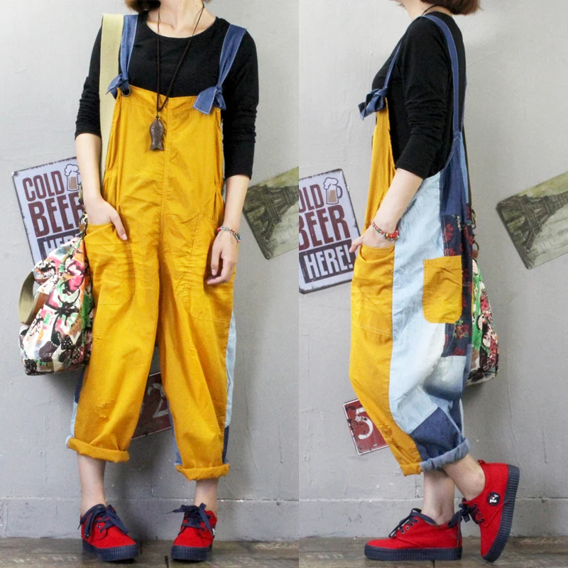Da Le Dell'annata E Tute Allentata Della Stampa Molla Palestra Pantaloni Cinghia 2019 Di Giallo Del Elegantes colore Spaghetti Dei Denim Donne Viola Per dtqYxxn