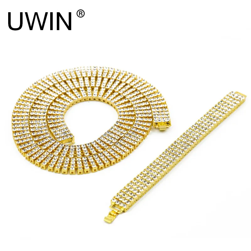 

Men's Gold Color Necklace Bracelet Set Hip-Hop Iced Out 30" 4 Row Bling Rhinestone Crystal Chain Necklace Bracelet Punk Jewelry