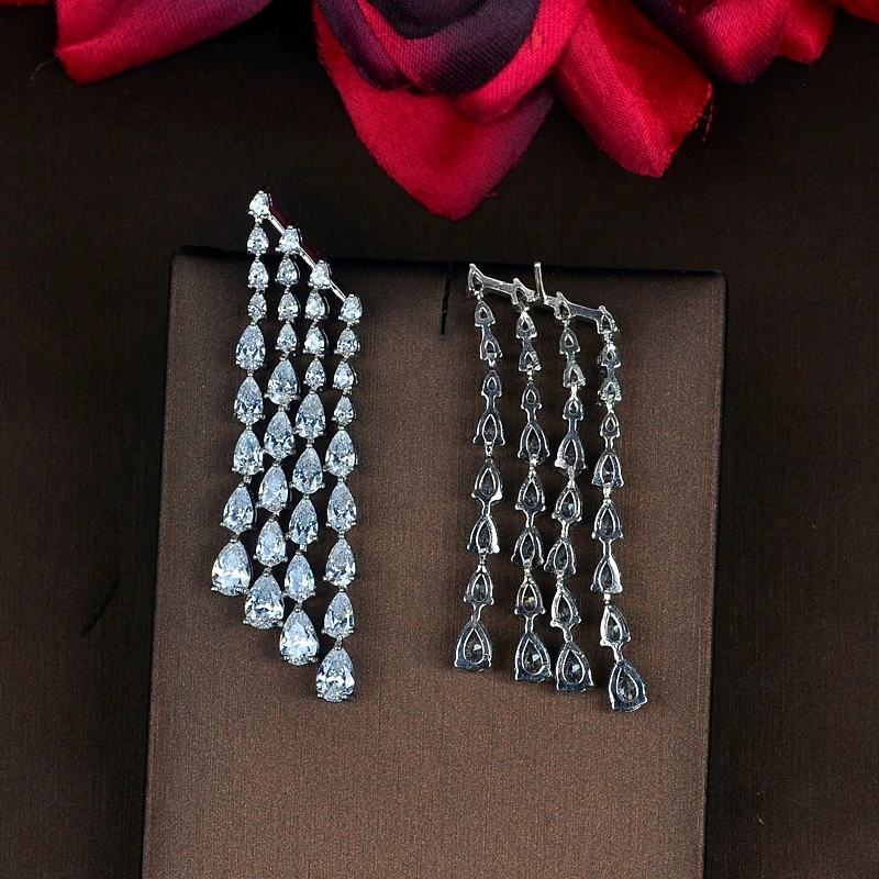 HIBRIDE Sparkling Water Drop Cubic Zirconia Tassel Earring Brincos Jewelry Green And White CZ Earrings Wholesale Price E-813 - Image 3