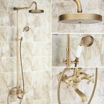 

Vintage Retro Antique Brass Dual Cross Handles Bathroom 8 Inch Round Rain Shower Faucet Set Tub Mixer Tap Hand Shower mrs099