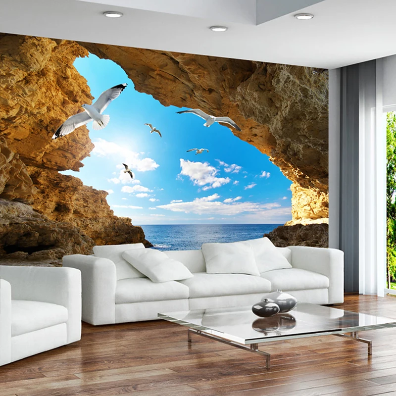 Пользовательские фотообои обои 3D морской остров пещера голубое небо белые облака чайки большие фрески обои декор для гостиной спальни