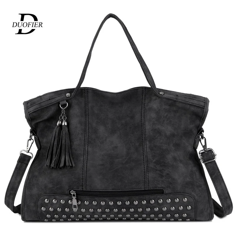 

Studded Tassel Handbag Woman 2019New European&American Fashion Handbag Frosted Large Capacity Motorcycle Bag Casual Shoulder Bag