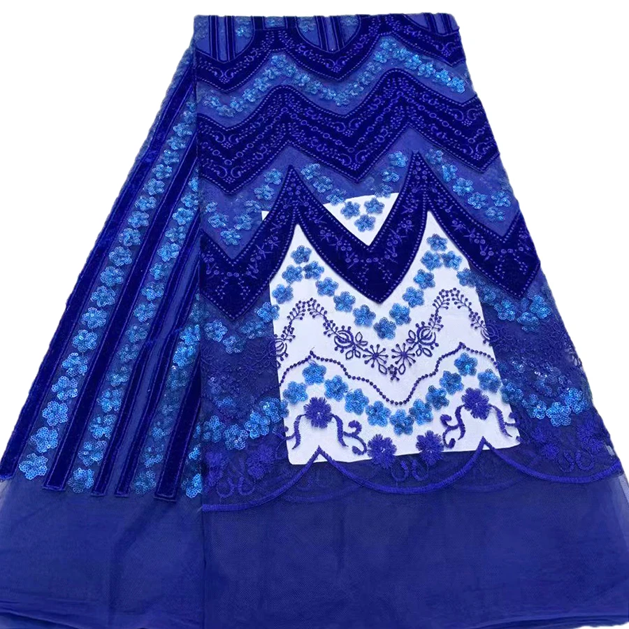 

(5yards/lot ) 2018 New High quality Royal blue Velvet African tulle lace French net lace fabric Embroidery for party dress