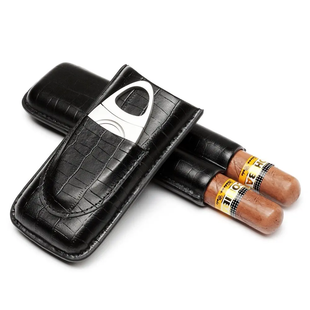 

Cohiba Cigar Case Humidor Genuine Leather Cigar Tube Travel with Cigar Cutter Set (For 2 Cigars) HY3203L