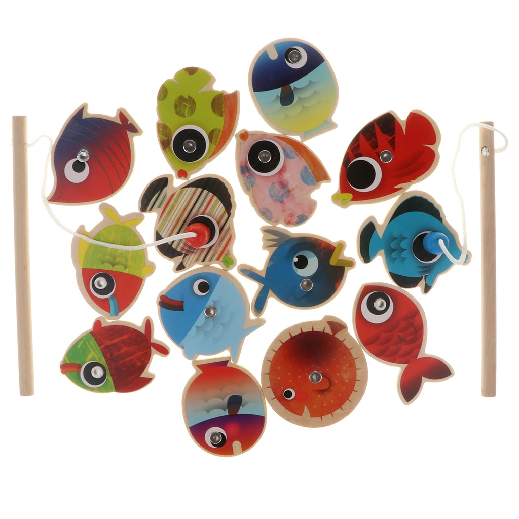 16pcs Fish Game Magnetic Fishing Pole Rod & Fish Marine Organisms Model Set Kid Pretend Play Toy Educational