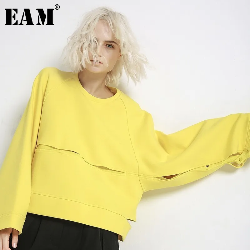

[EAM] 2019 New Spring Round Neck Long Sleeve Yellow Hollow Out Stitching Big Size Sweatshirt Women Fashion Tide JH357