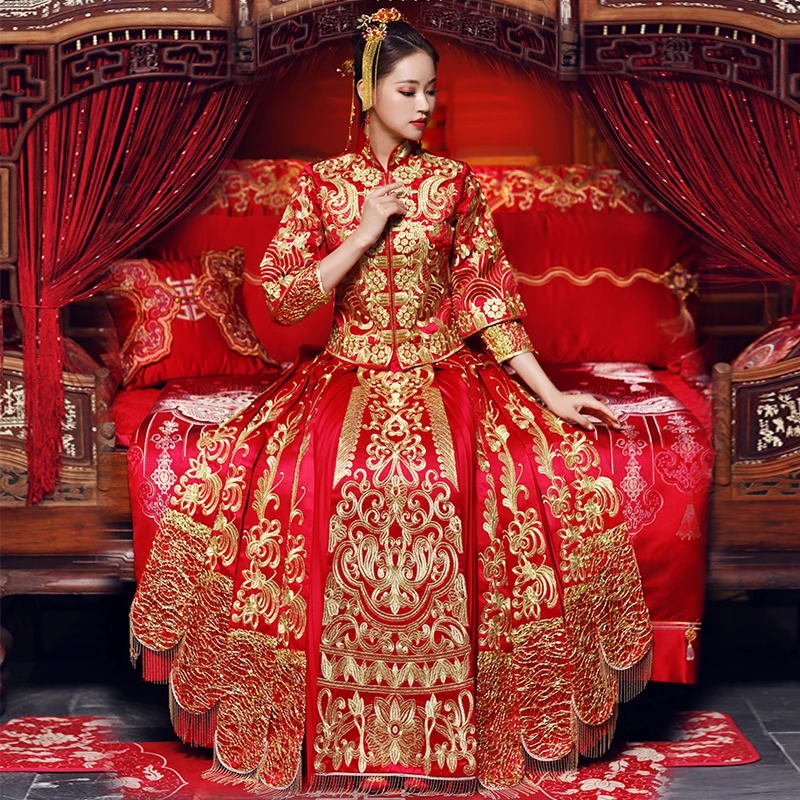 Винтажное красное свадебное платье Cheongsam с вышивкой в традиционном китайском