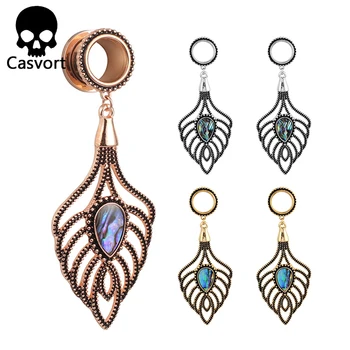 

Casvort NEW arrival stainless steel screw Vintage peacock leaves ear plugs body jewelry tunnels pair selling 2pcs/lot