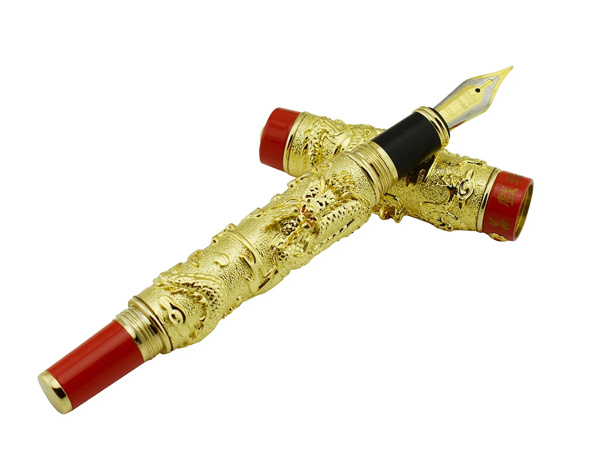 Jinhao Vintage Luxurious Fountain Pen Double Dragon Playing Pearl, Metal Carving Embossing Heavy Pen Golden & Red for Collection