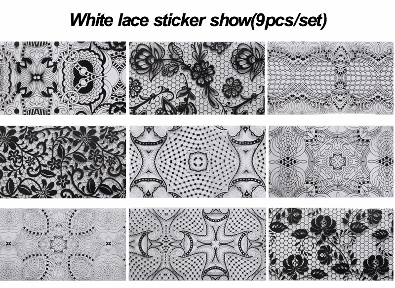 Белые и черные кружевные Наклейки 9 шт./компл. гель лак для ногтей Unhas украшения мода красота для женщин Переводные Фольга инструменты для дизайна ногтей