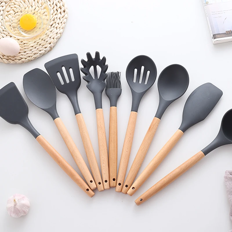 9 High Quality Cooking Tools With Wooden Handle Silicone Heat resistant Set Premium Special