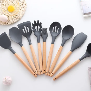

9 High Quality Cooking Tools With Wooden Handle Silicone Heat-resistant Set Premium Special Kitchen Ware Cooking Tools