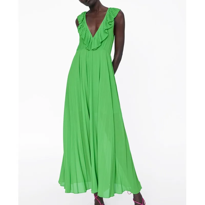 

Ruffle Deep V Neck Dresses Solid Women Fashion Backless Dress Women Elegant Long Chiffon Dress