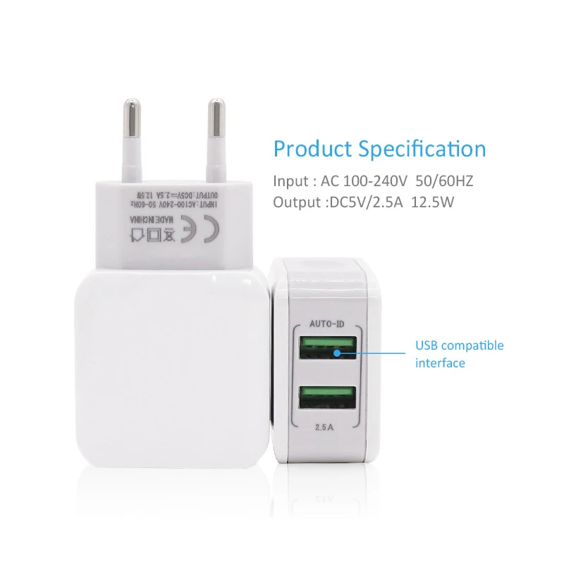 Timisoojun мобильного телефона Зарядное устройство 2 Порты USB EU/US Портативный