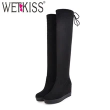 WETKISS 21018 New Platform Women Boots Round Toe Flock Footwear High Heels Elevator Lady Shoes Winter Over The Knee Stretch Boot