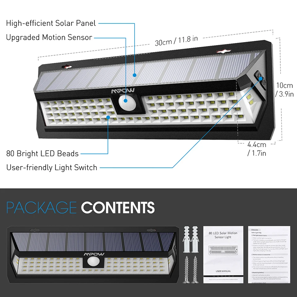 Mpow CD124 80 светодиодный светильник на солнечных батареях 120 градусов угол чувствительности открытый светильник 3 регулируемый светильник ing Time для сада подъездной дорожки двора гаража