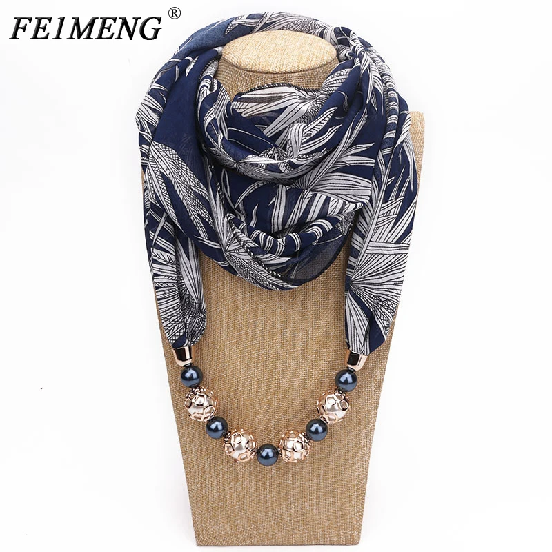 

Beads Scarf Necklace Printing Flower Pattern Chiffon Pendant For Women Maxi Statement bead embroidery necklace design Jewelry