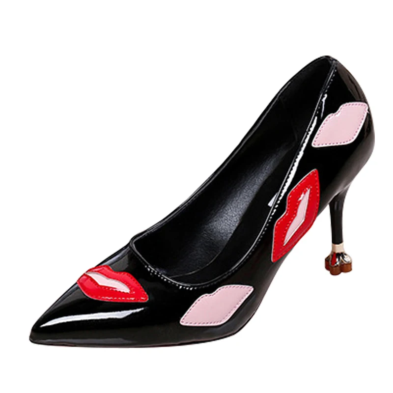 

Free shiping 2018 new style Spring and autumn Pumps with Sexy lips printing High heels Sharp pointed shallow single shoes