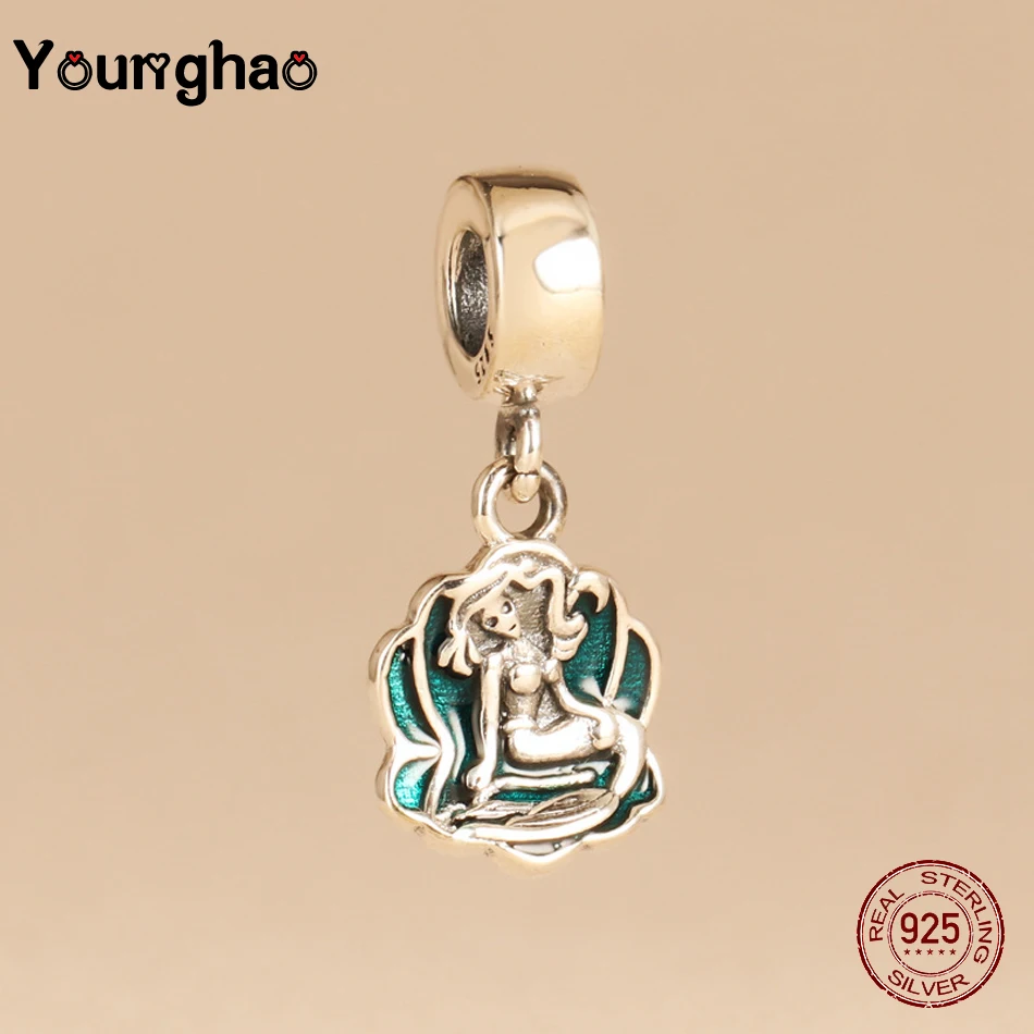 

Younghao Authentic 925 Sterling Silver Beads Green Enamel Ariel Mermaid Shell Pendant Fit Pandora Bracelet Bangle DIY Jewelry