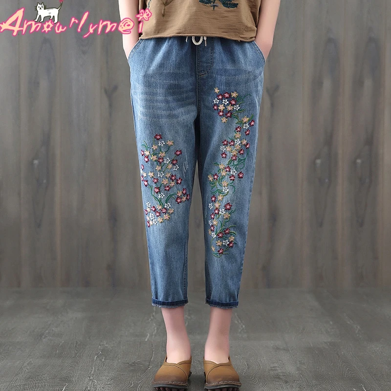 

Floral Embroidered Jeans For Women Denim Harem Pants Pocket Loose Elastic Waist Lace Up Casual Jeans Mori Girl Vaqueros Mujer