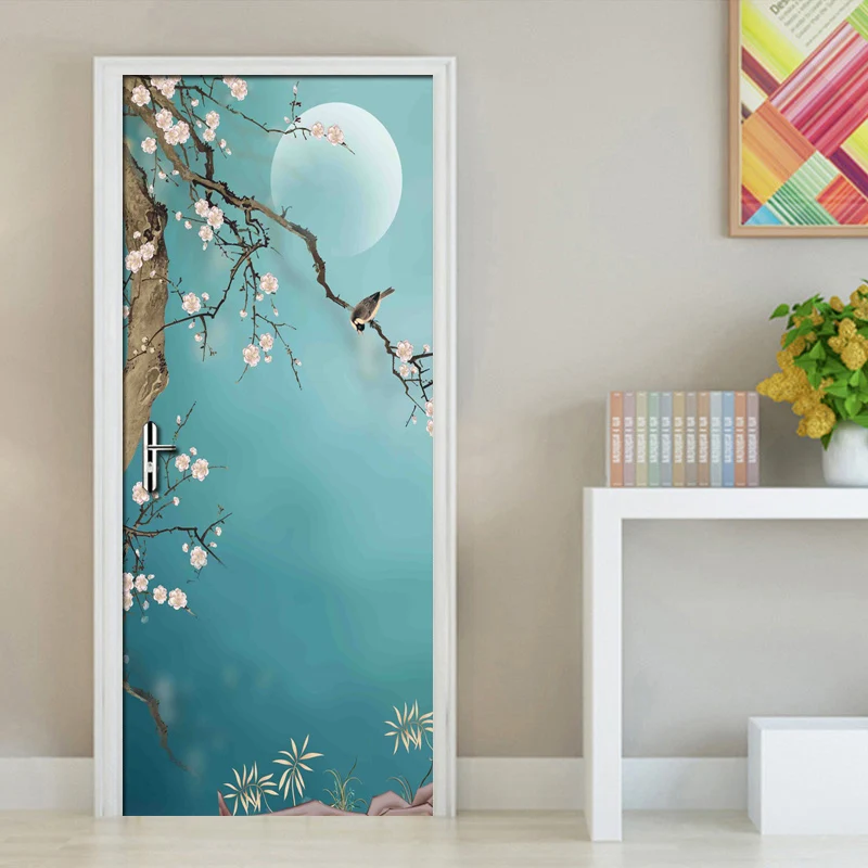 الصينية نمط اليد رسمت الزهور الطيور الفن طلاء جدران الفينيل الذاتي لاصق الباب ملصقا 3D صور خلفيات للماء جدارية
