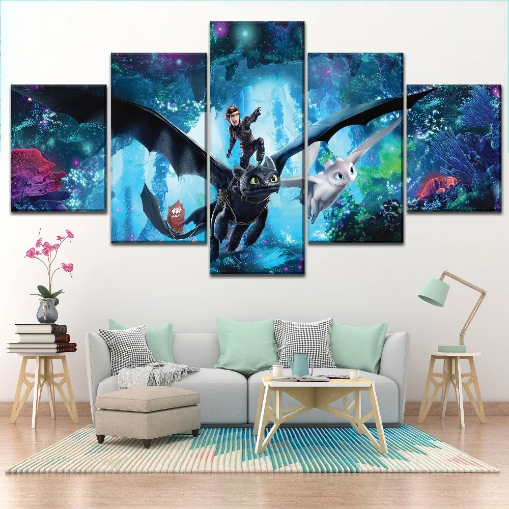 

Modular Picture 5 Piece Canvas Print Combinatorial Art How to Train Your Dragon The Hidden World Painting Kids Room Wall Decor