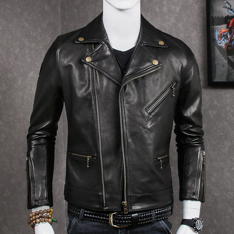

HARLEY DAMSON Black Men Short Genuine Biker's Leather Jacket Diagonal Zipper Slim Fit Thin Sheepskin Spring Riding Leather Coat