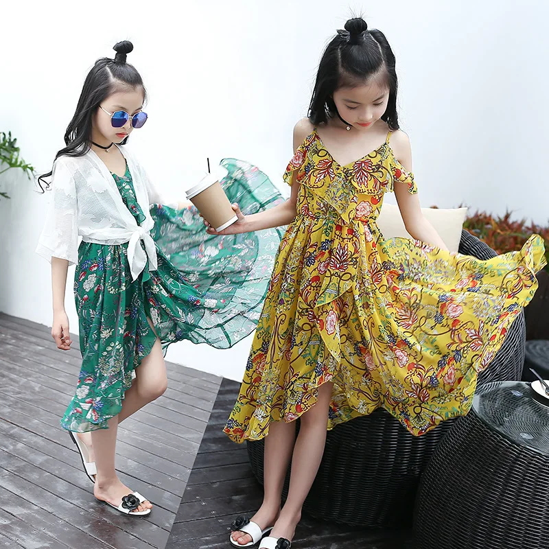 

Girls Dress Bohemia Style Dresses Girls Sleeveless Floral Dress For Adolescents Big Kids Girls Clothes Beach dress