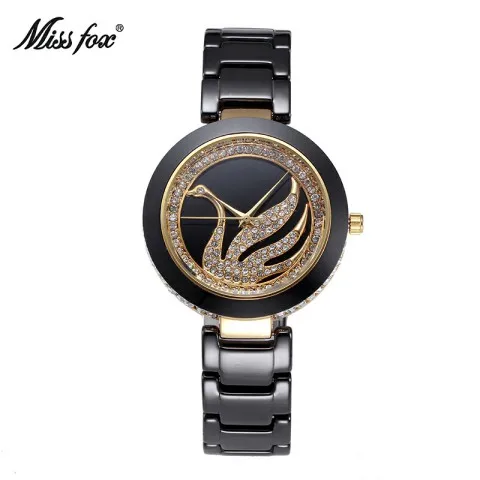 MissFox ЖЕНСКИЕ НАРЯДНЫЕ часы черный керамический ремешок для часов Лебедь горный хрусталь брендовые модные часы женские золотые часы для дам - Цвет: T0032