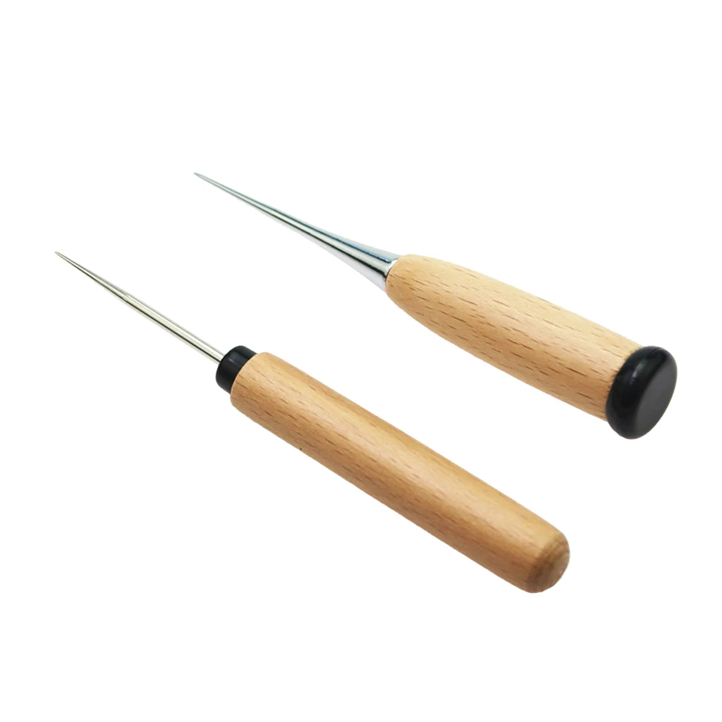 fityle 2Pcs Wooden Handle Leather Craft Awl Sewing Punching Hole Pin Stitching Tool
