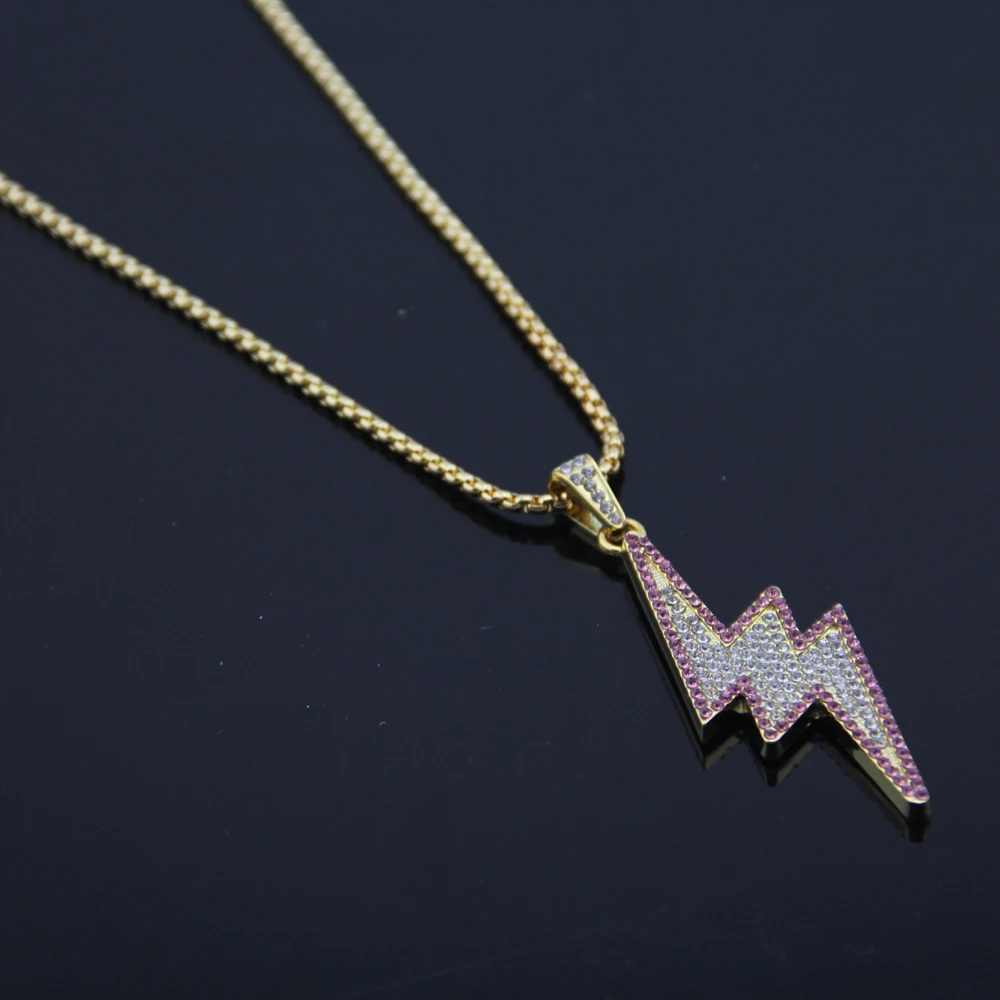 Hip Hop Bling Lightning Pendants with Stainless Steel Chain Necklace