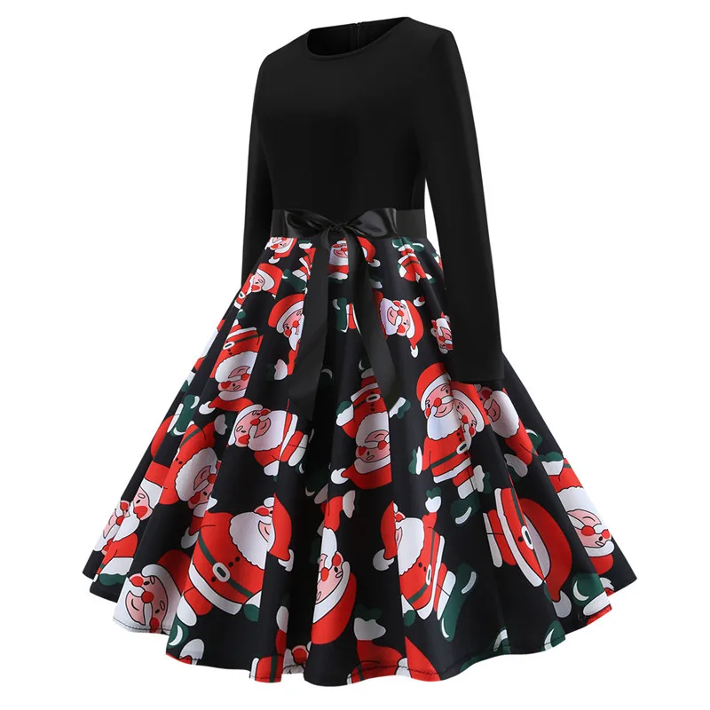 Зимние рождественские платья для женщин 50S 60S винтажный халат качели Pinup элегантное вечернее платье с длинным рукавом свободного покроя размера плюс с принтом черного цвета