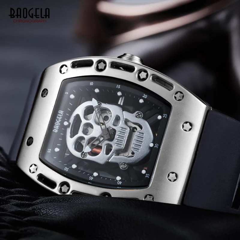  Baogela Mens Fashion Military Silicone Strap Rectangle Dial Skull Face Sport Quartz Wrist Watches B