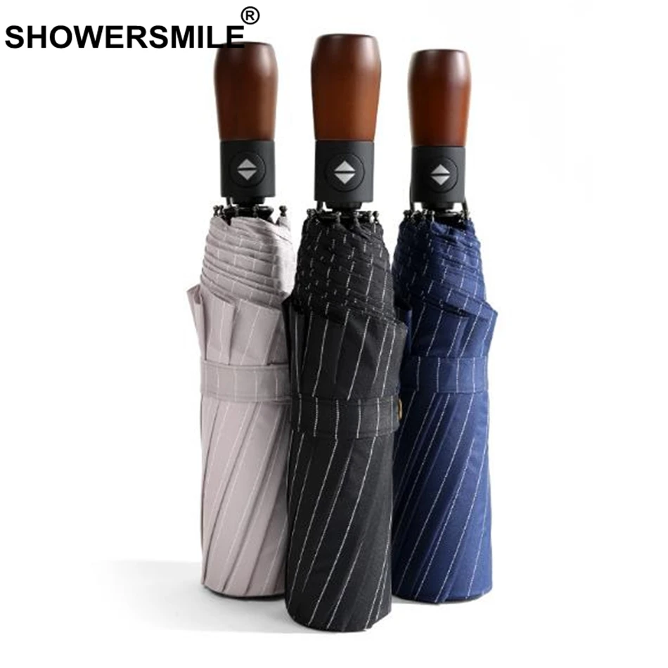 

SHOWERSMILE Wind Resistant Folding Automatic Umbrella Wooden Handle Gentleman Business Striped Black Navy Male Rain Umbrellas