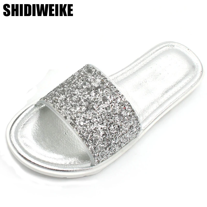 Fashion 2018 Summer Women Shoes Casual Crystal Slipper Sequins Beach Flat Slides Soft Comfortable Pu Leather size 36-41 | Обувь