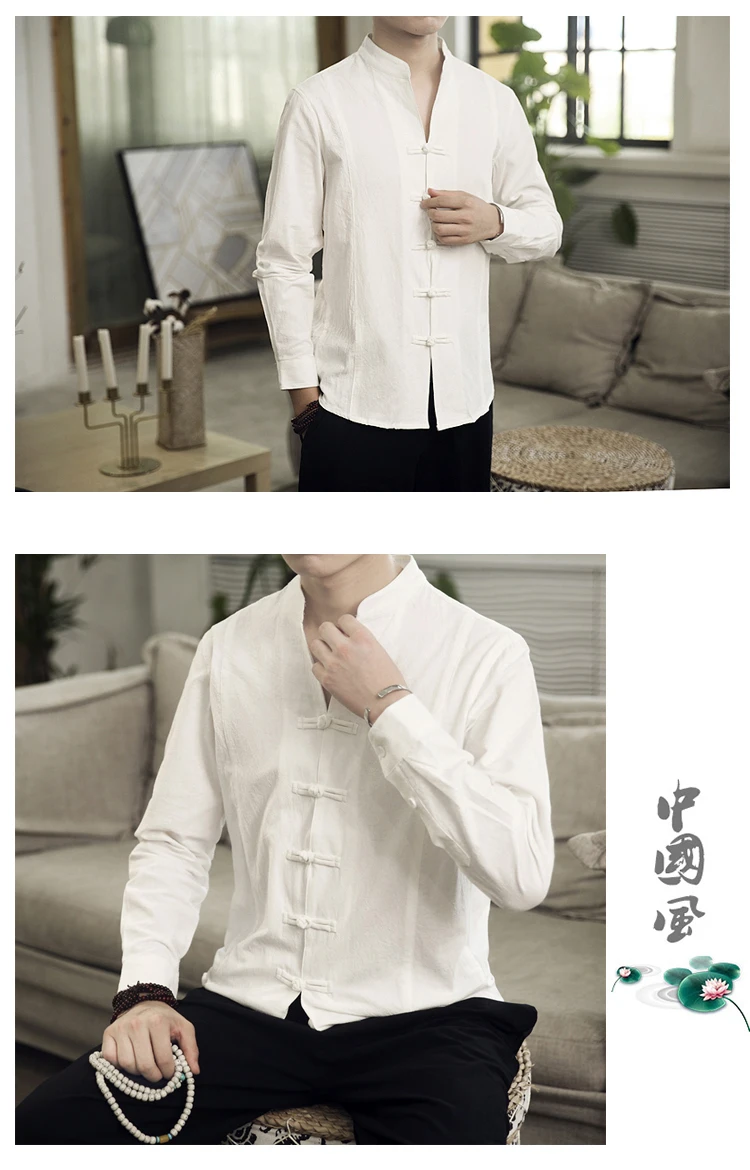 Sinicism Store Men Clothes Man Cotton Linen Casual White Shirts Long Sleeve Shirts Male Chinese Style Solid Shirts